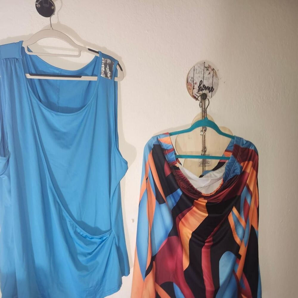 Wrap Look Knit Turquoise Blouse and Geometric Print Skirt Set 4X